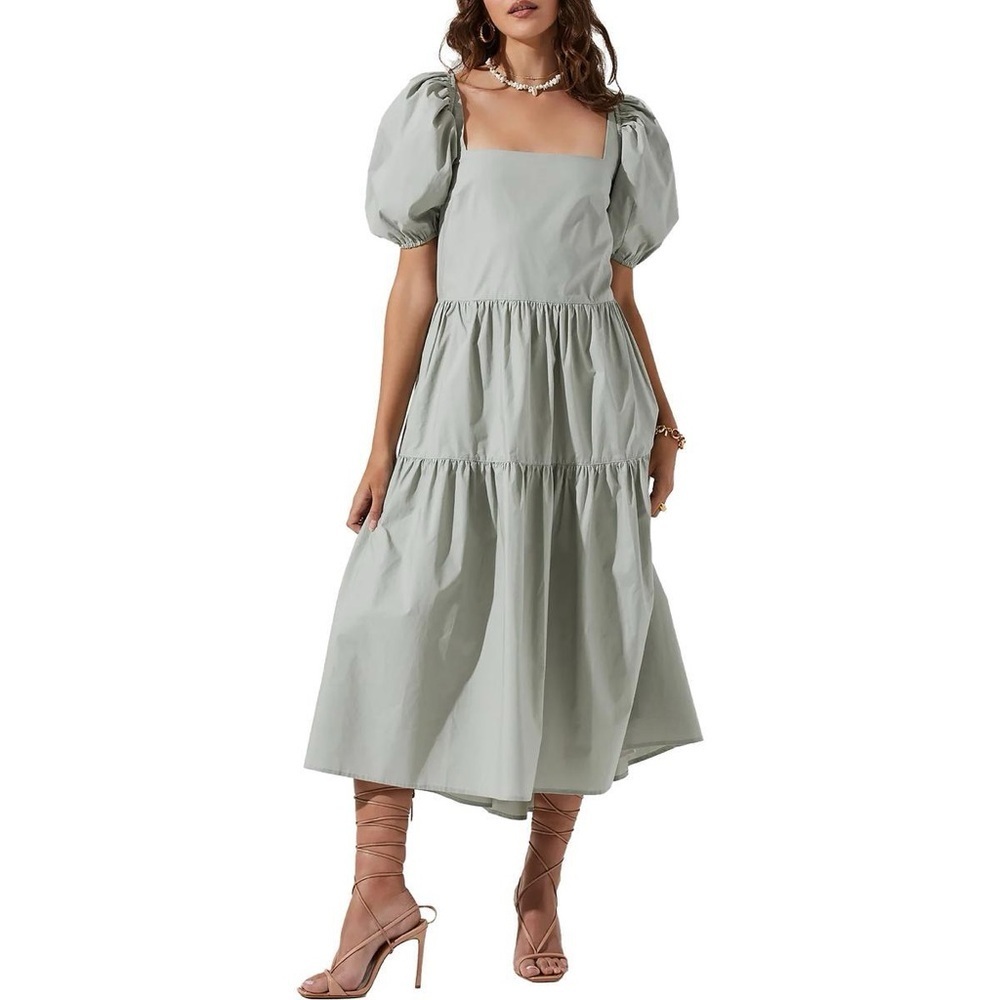 ASTR The Label llana Midi Dress Puff Sleeve Tiered‎ Skirt Tie Back Light Green M